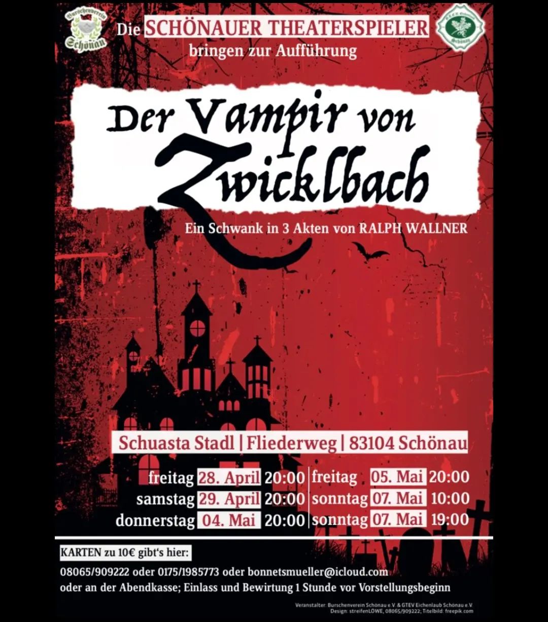 🎭SCHÖNAUER THEATER🎭
gemeinsam mit dem @bv_schoenau deaffan mia eich des Jahr des Stück "der Vampir von Zwicklbach" zoang🧛🦇
Mia gfrein uns auf eia Kemma!